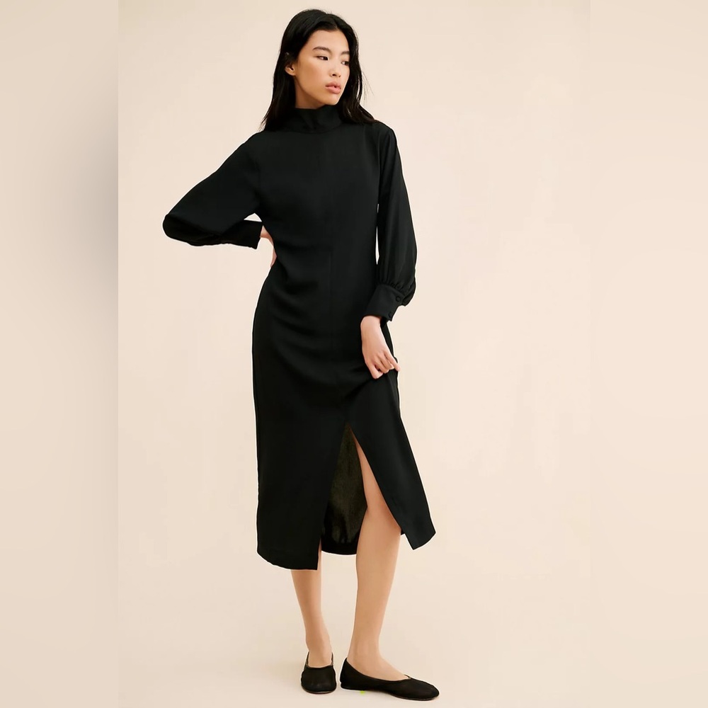NWT ANTHROPOLOGIE Maeve Long-Sleeve Mock-Neck Midi Dress Black Size XXS